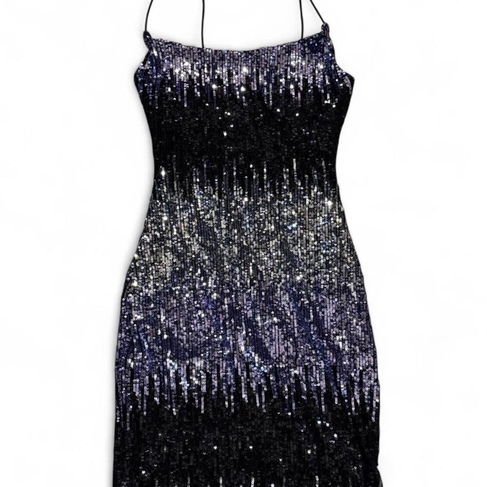 B Darlin Black Silver Sequin Ombre Mini Dress — Halter, Bodycon, NWOT